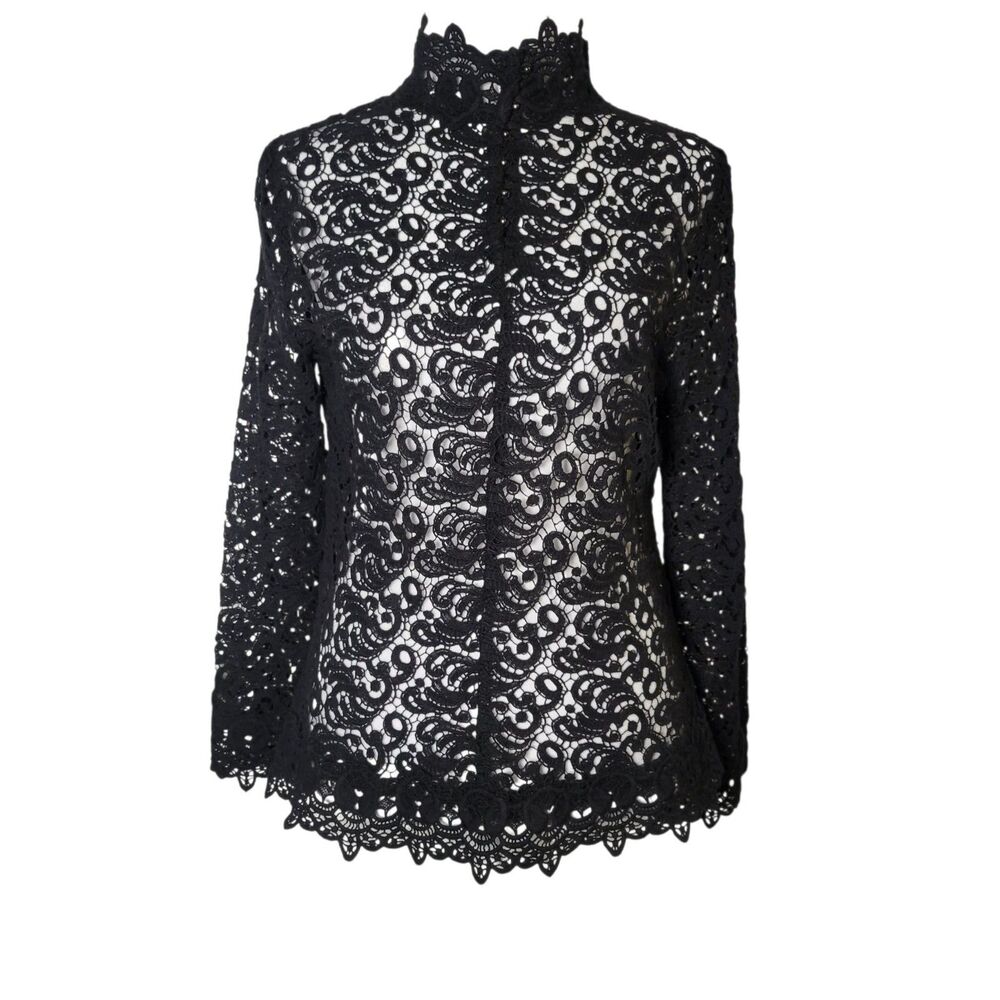 ZARA Black Sheer Lace Blouse Mock Neck Scalloped M Goth Vampire Victorian Witchy